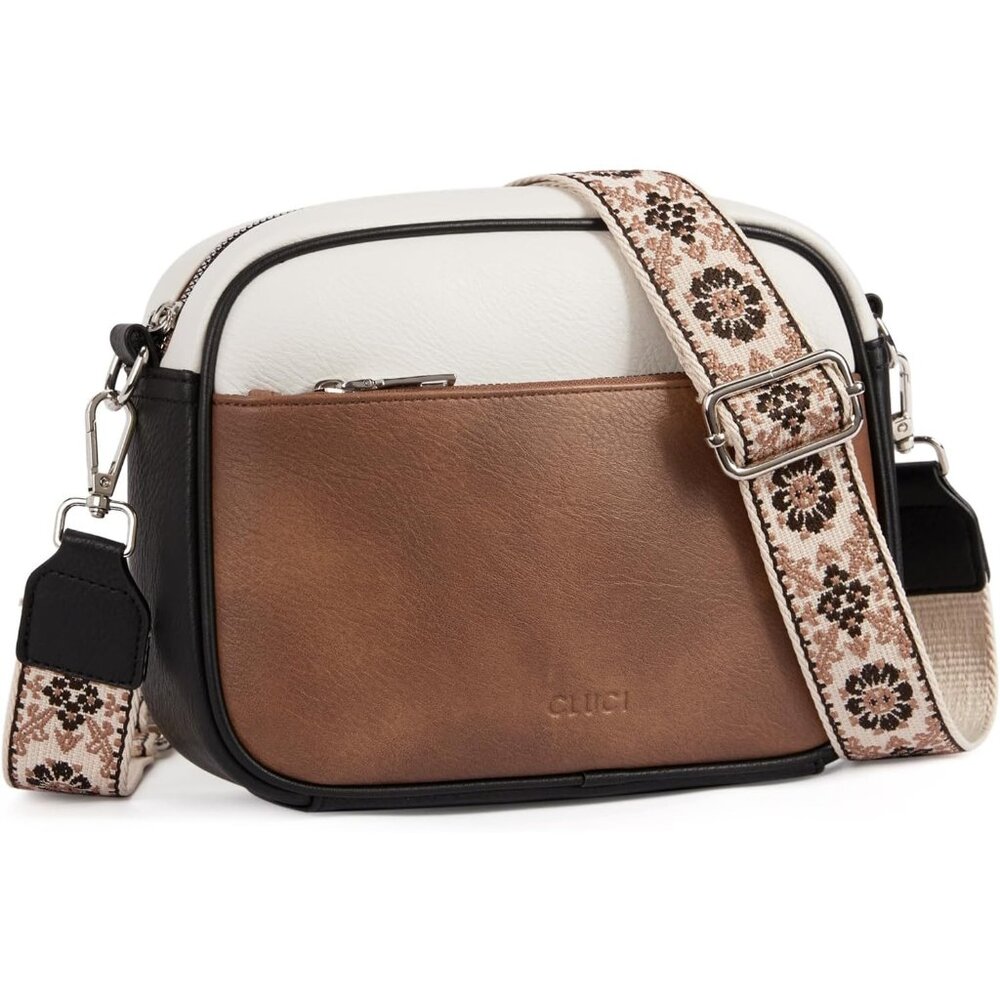 Women Brown Vegan Leather  Crossbody Bag with Adjustable Wide Strap